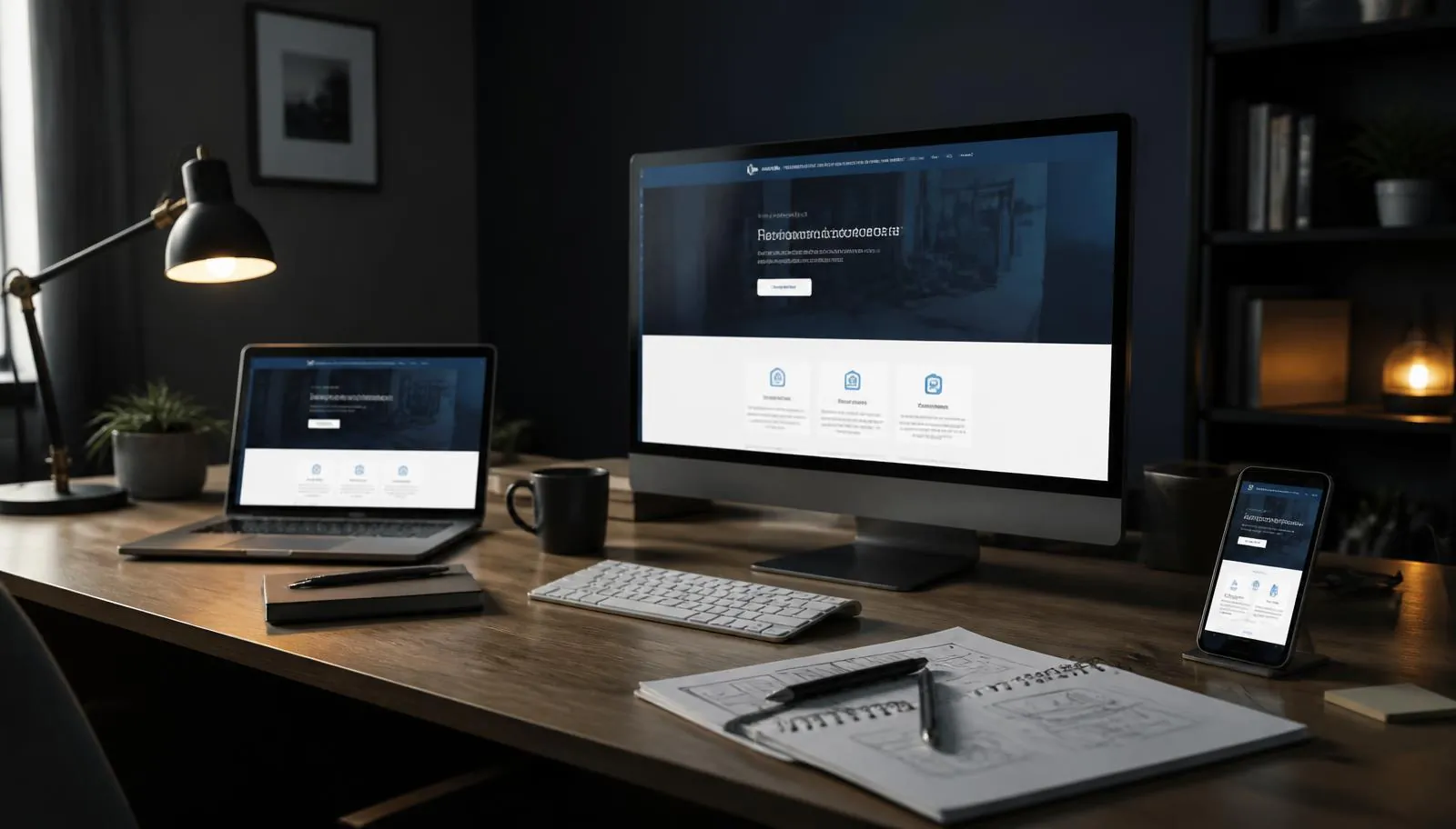 GLP Digital LLC studio desk with a small business website shown on a monitor, laptop and phone